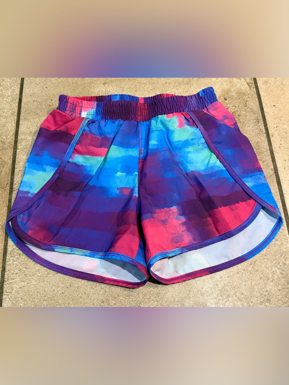 all in motion Girls' Multicolor Watercolor Athletic Shorts - Blue, Purple, Pink